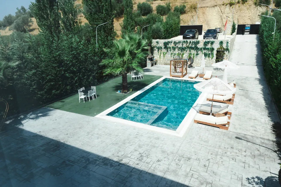 Elevated view of the villa grounds: the pool, sun terrace, palm tree and hedges, with the green hillside beyond
